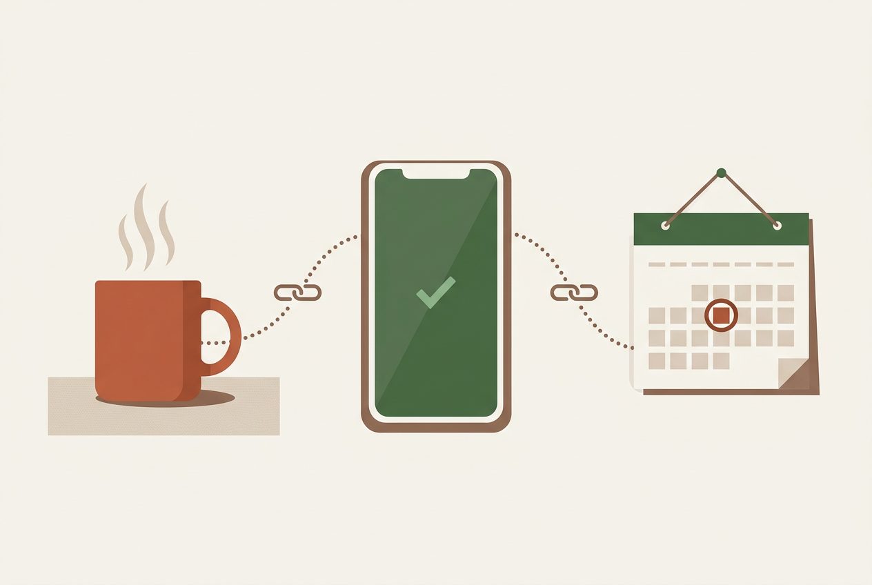 Flat illustration of a mug, phone, and calendar connected by a dotted chain, representing money habits stacked onto an existing morning routine.