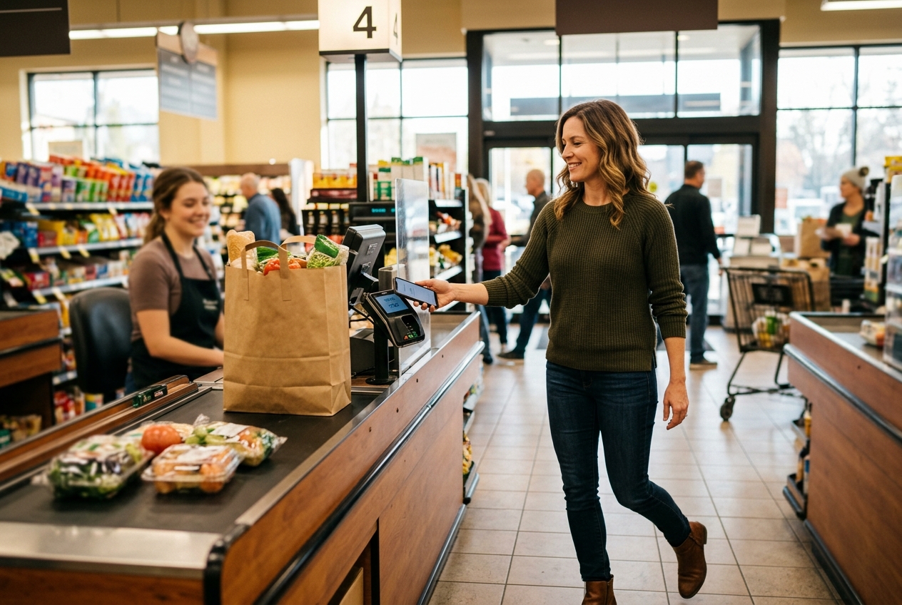 A woman mid-stride at a grocery checkout, tapping her phone to pay while her bag of groceries waits on the counter.