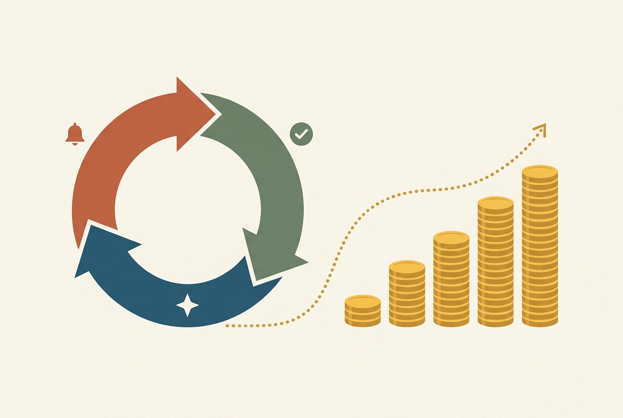 Flat illustration of a three-arrow habit loop flowing into rising stacks of coins, representing small repeated actions compounding into wealth.